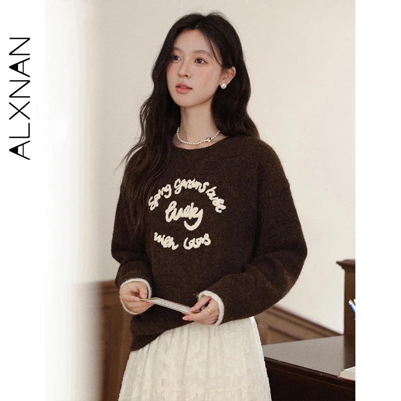 

ALXNAN Brown Sweater Round Neck Letter Embroidery Loose-fit Women's Wool Pullover 2025 Fall New Warm Long Sleeve Sweater L58802
