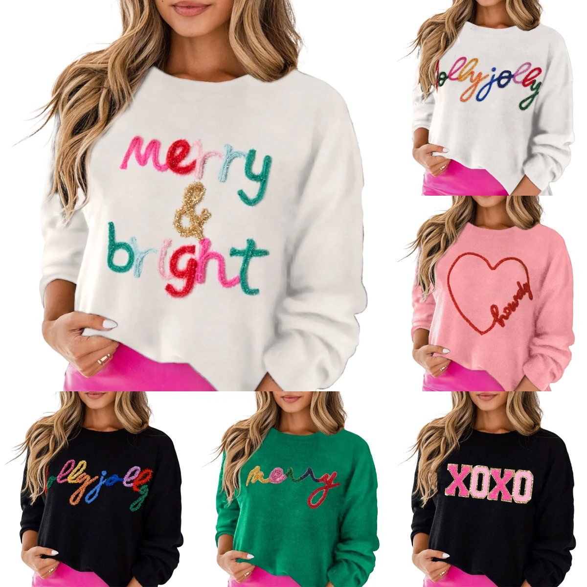

Wholesale Clothes 2025 White Merry and Bright Sweater Holly Jolly Tinsels Knit Wear Ugly Christmas Casual Sweater