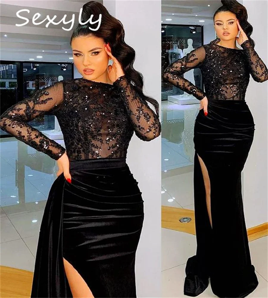 Gorgeous Mermaid Velvet Prom Dress With Slit Elegant Long Sleeve Lace Night Party Evening Gowns Chic Women African Ceremony Wear