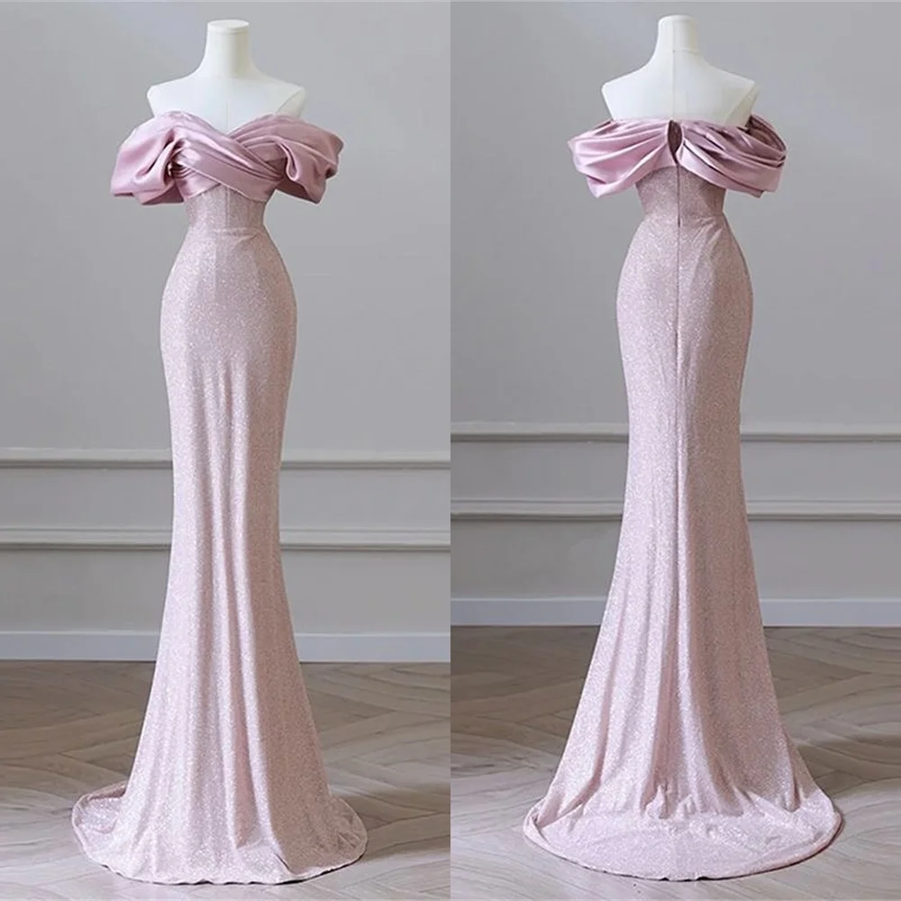 فستان سهرة جيرسي وردي رقيق مخصص رائع بدون حمالات قبالة الكتف حورية البحر زيبر خلفي مخصص