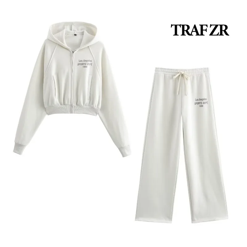 TRAF ZR Conjunto de dos piezas para mujer, trajes de otoño, sudaderas con capucha con estampado de letras, conjunto básico de traje Y2k, conjuntos de pantalones blancos de estilo Preppy