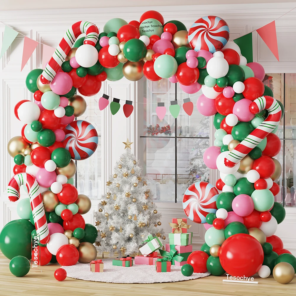 

140pcs Christmas Balloon Garland Arch Kit Red Green and Gold Balloon Candy Crutches Foil Ballons Merry Christmas Party Decoratio