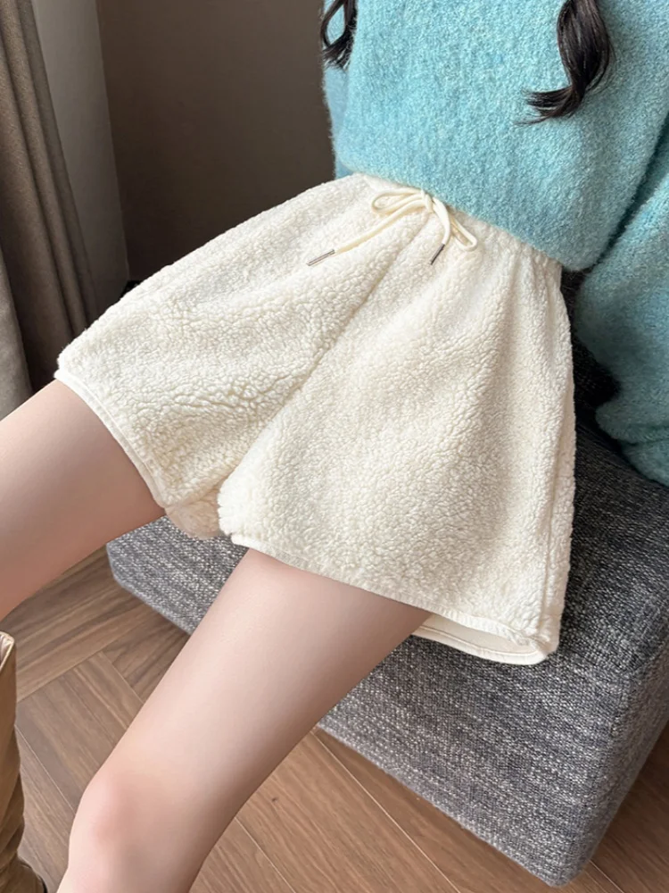 SMTHMA, nuevos pantalones cortos de lana de cordero para otoño e invierno para mujer con cordón, pantalones de pierna ancha con cintura elástica