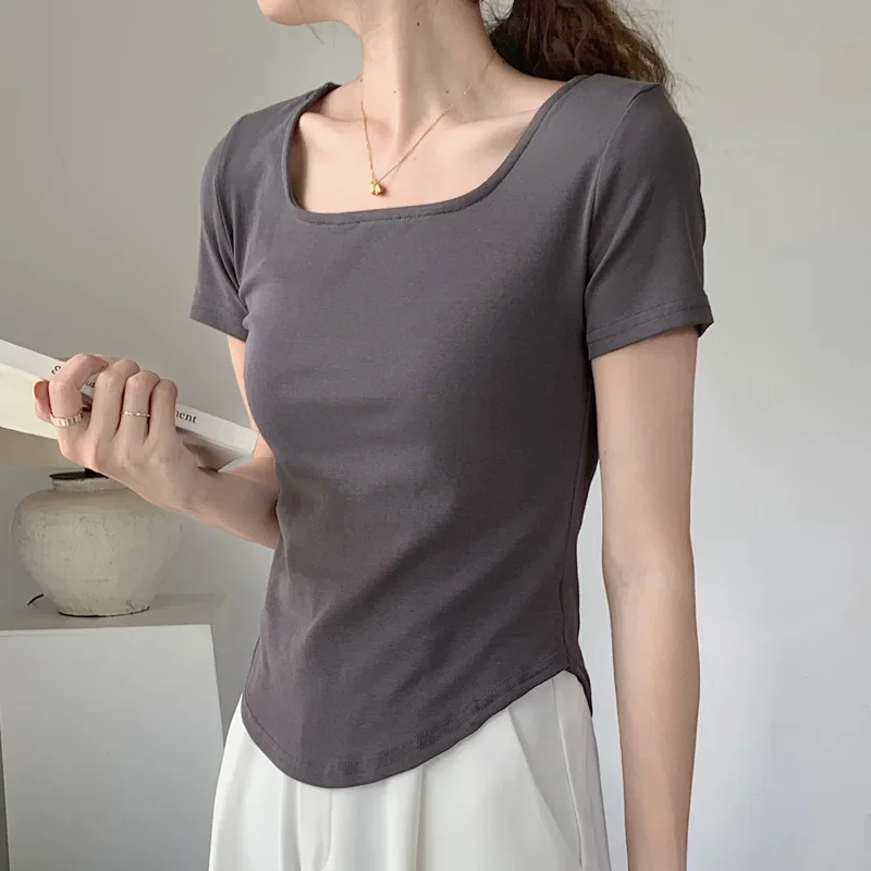 

Women's Cotton Casual T-shirt Cute Sexy Irregular Curved Slim Fit U-Neck Short Sleeved Underlay Top Women Clothes