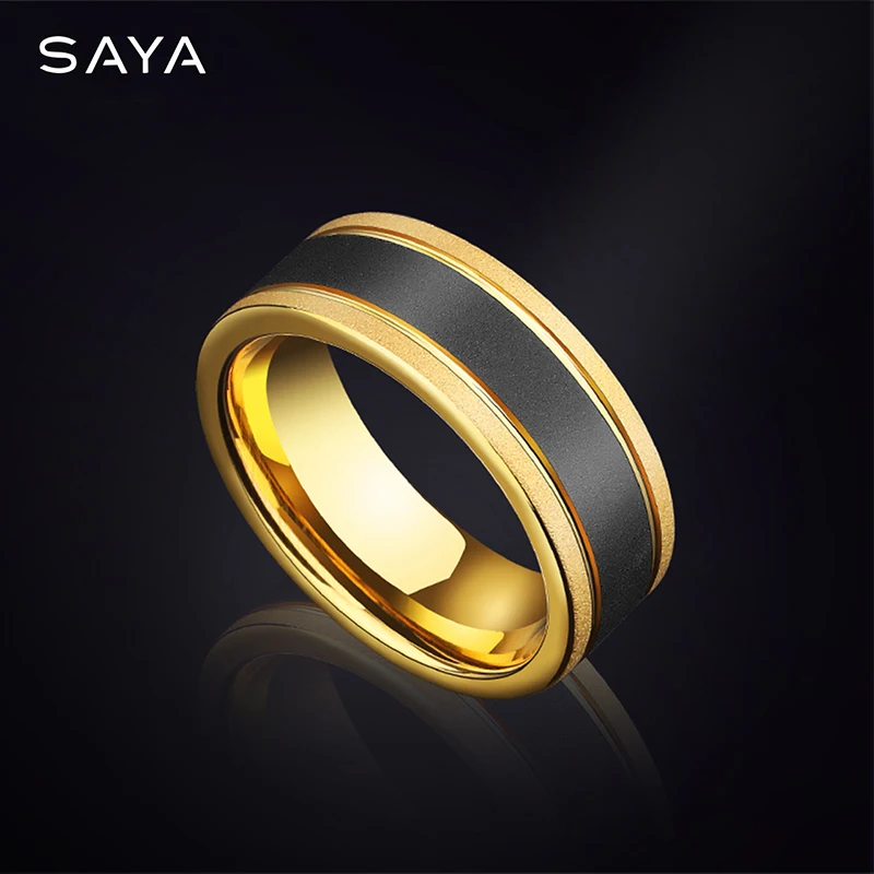 Rings for Men Frosted Tungsten Couple Wedding 8mm Width Gold Plating Inside Fine Jewelry, Comfort Fit, Free Shipping, Engraving