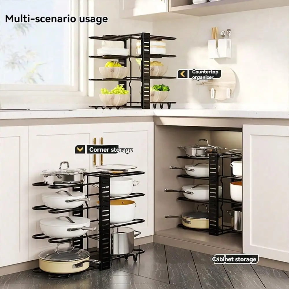 Adjustable 8-Tier Kitchen Cabinet Organizers, holder, and Storage, Pots&Pans Cabinet Rack Organizer, Pot Organizers inside