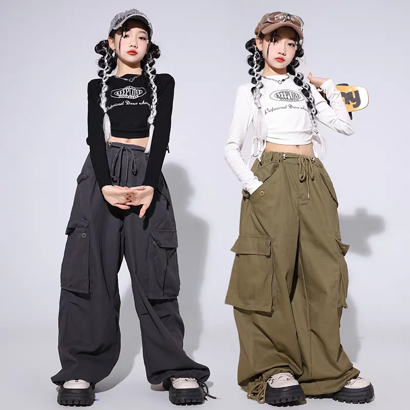 Mädchen Hip Hop Crop Top Lose Cargo Hosen Kleidung Sets Mode Street Dance Outfits Gruppe Streetwear Jazz Bühne Zeigen Kostüm