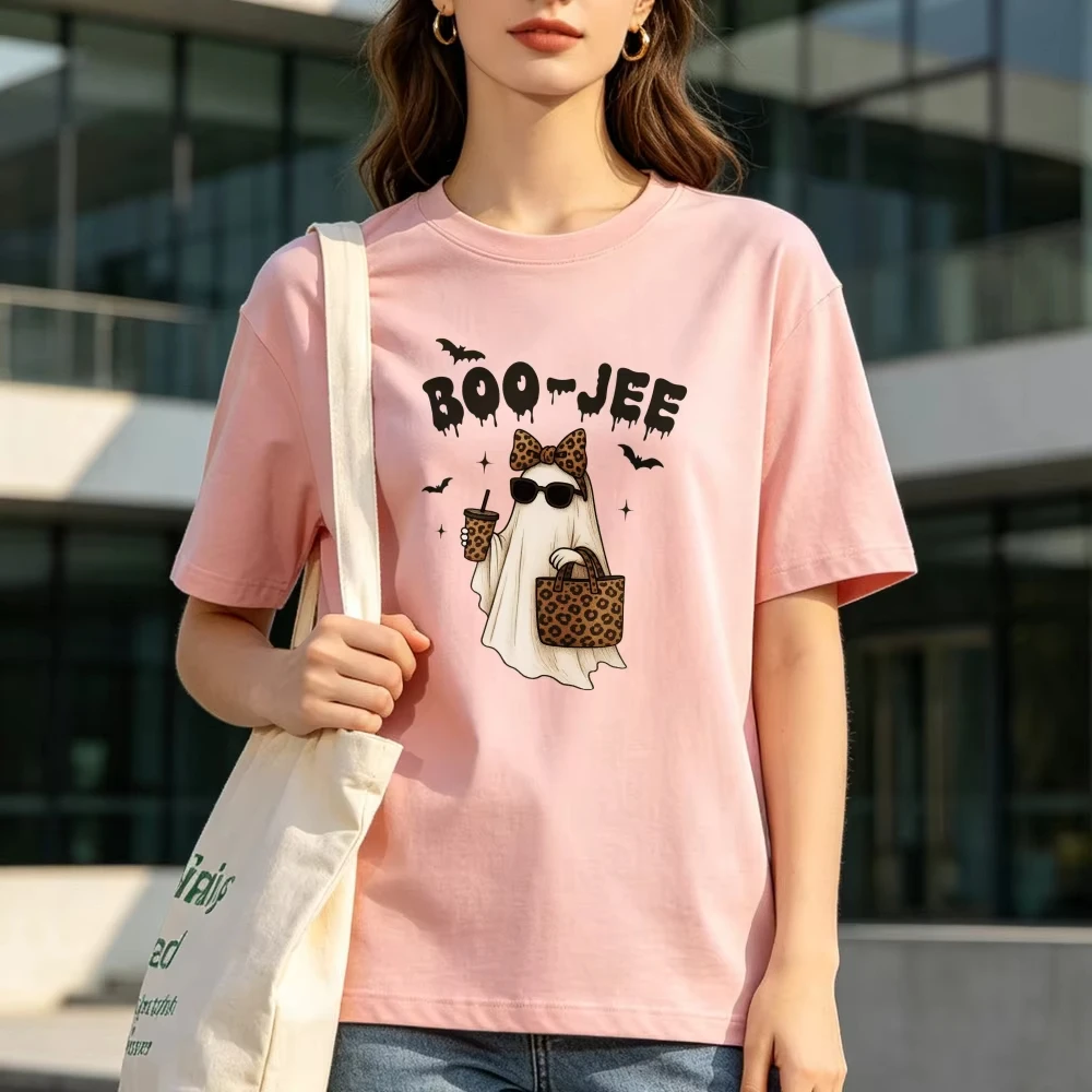 Boo-Jee Ghost Tee Boujee Halloween Tshirt Leopard Ghost Tops Cute Ghost Girly Halloween Clothing Spooky Season Tee Cotton Shirt