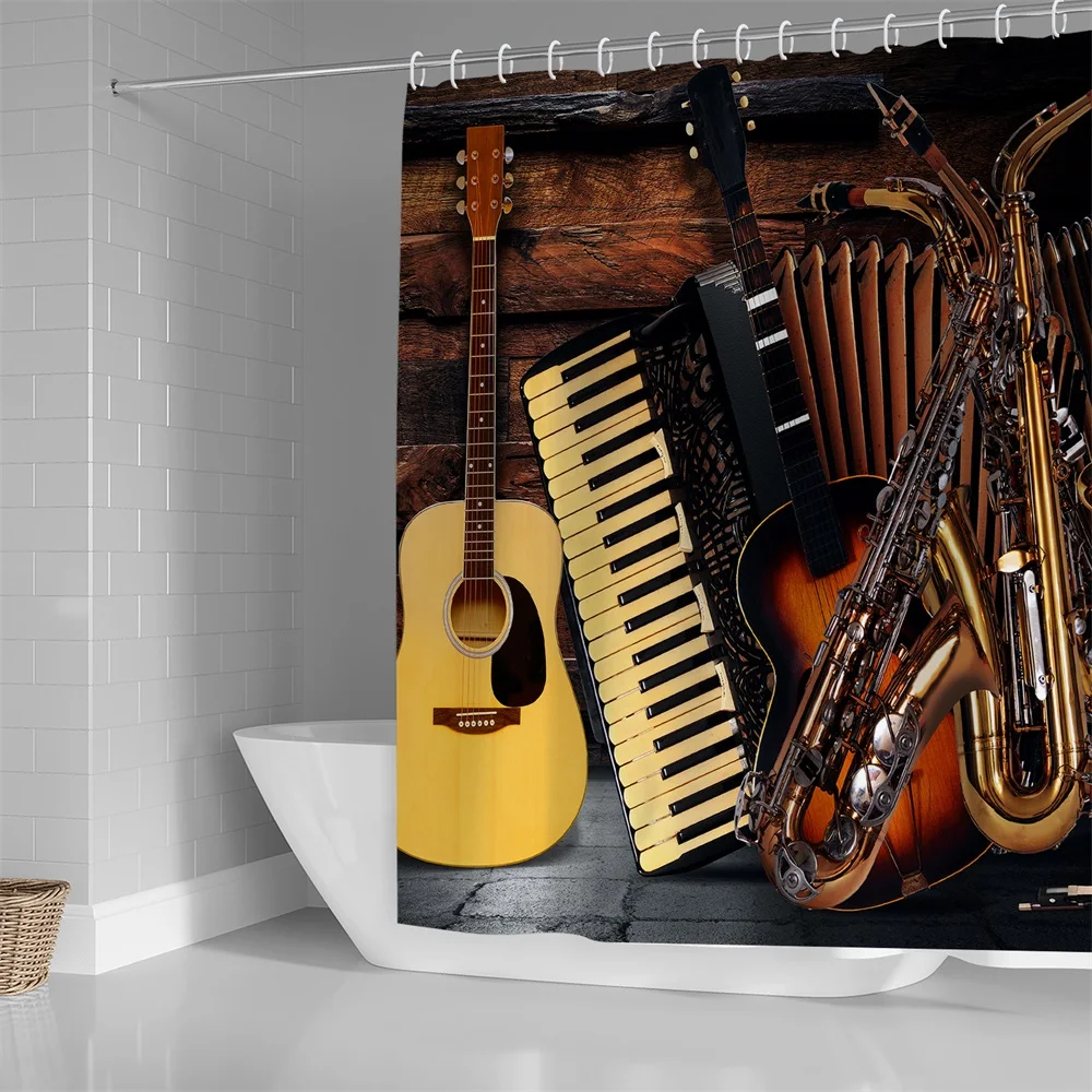 1PC, musical instrument meeting, modern home bathroom waterproof shower curtain with 12 plastic hooks, 71in*71in