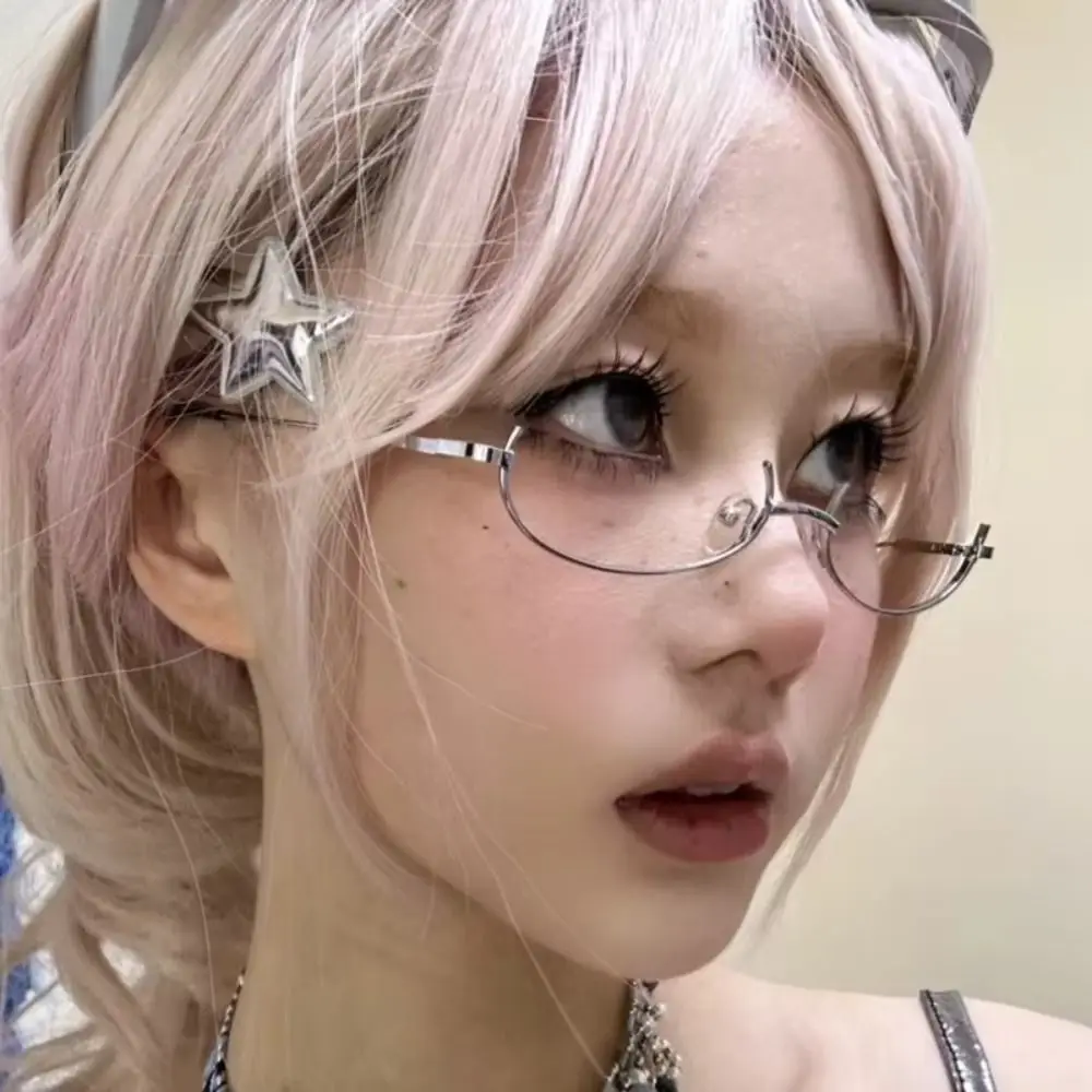 Kacamata Setengah Bingkai Y2K Tanpa Lensa Baru Kacamata Fashion Harajuku Chic Logam Kacamata Palsu Fotografi Vintage Anak Perempuan