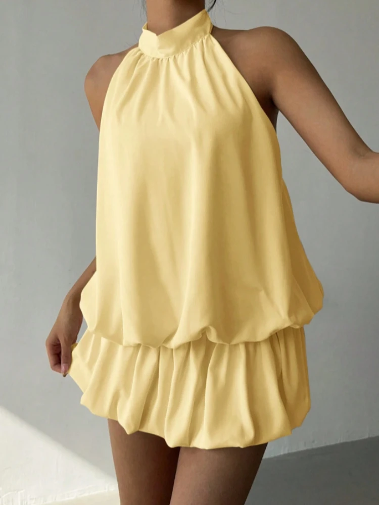 French solid color hanging neck off shoulder dress women summer sexy spicy waist cinched fluffy skirt covers buttocks Y2K