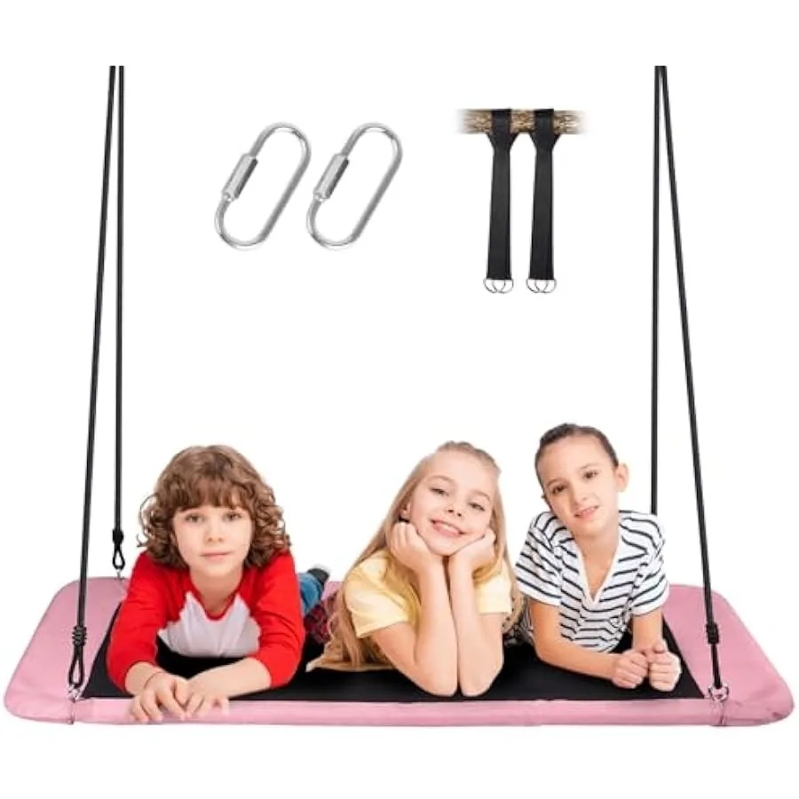 

60 Giant Platform Tree Swing 700LBS Flying Saucer Swing Sets Backyard Indoor 2 Hanging Straps Pink