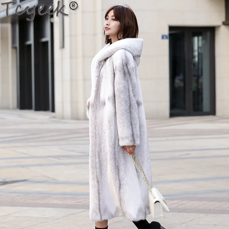 Tcyeek Cross Mink Natural Fur Coat Women Elegant Winter Women's Fur Jacket 2023 Mid-long High-end Real Fur Jackets Woman Clothes