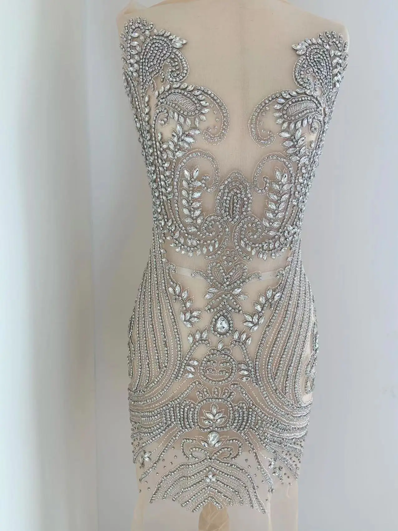 Large Silver Rhinestone Applique,Crystal Beaded Dress,Collar,Nackline Patch for Couture,Wedding Bodice Decor,Stage Performance