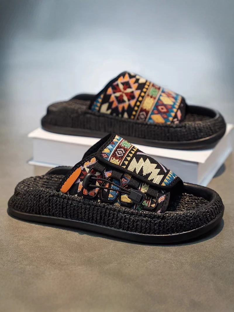 Men's Summer Fashion Sandals Outdoor Anti-slip Wear-resistant Magic Tape Flat Bottom Sports Beach Shoes Soft Sole Casual Slip...
