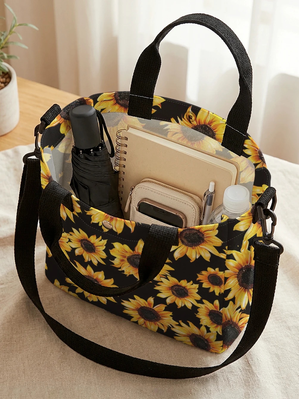 Bright Sunflower Black Background Print Tote Bag Detachable Strap Crossbody Handbag For Women Daily Shopping