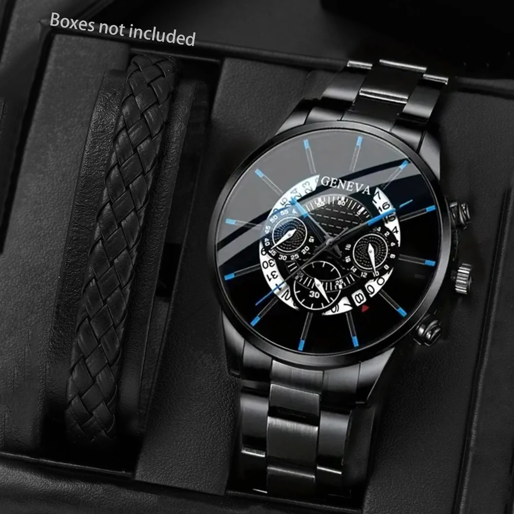 2Pcs Fashion Mens Calendar Watches Men Business Stainless Steel Quartz Wristwatch Blue Pointer Bracelet Watch Relogio Masculino