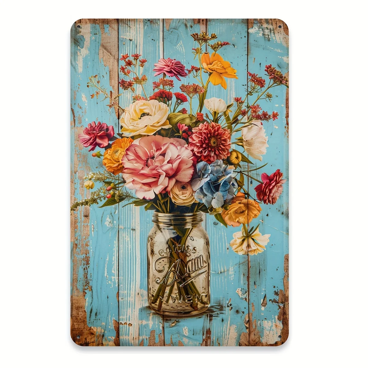 2D Flat - Set of 1 Vintage Floral Mason Jar Metal Sign, Rustic Iron Wall Decoration, 8X12 Inches, Suitable for Home, Cafe, Gym,