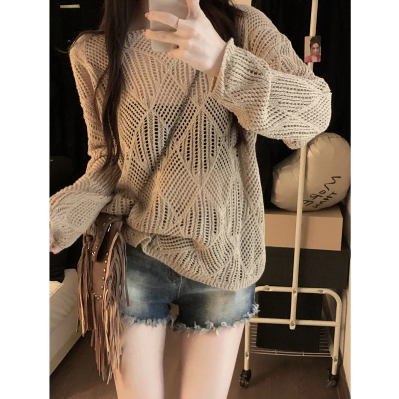 Pullovers Women Crochet Knit Long Sleeve Sheer Hollow Out Open-Knit Cover Up Top Teen-girl Spring Summer Vacation Beach Wear