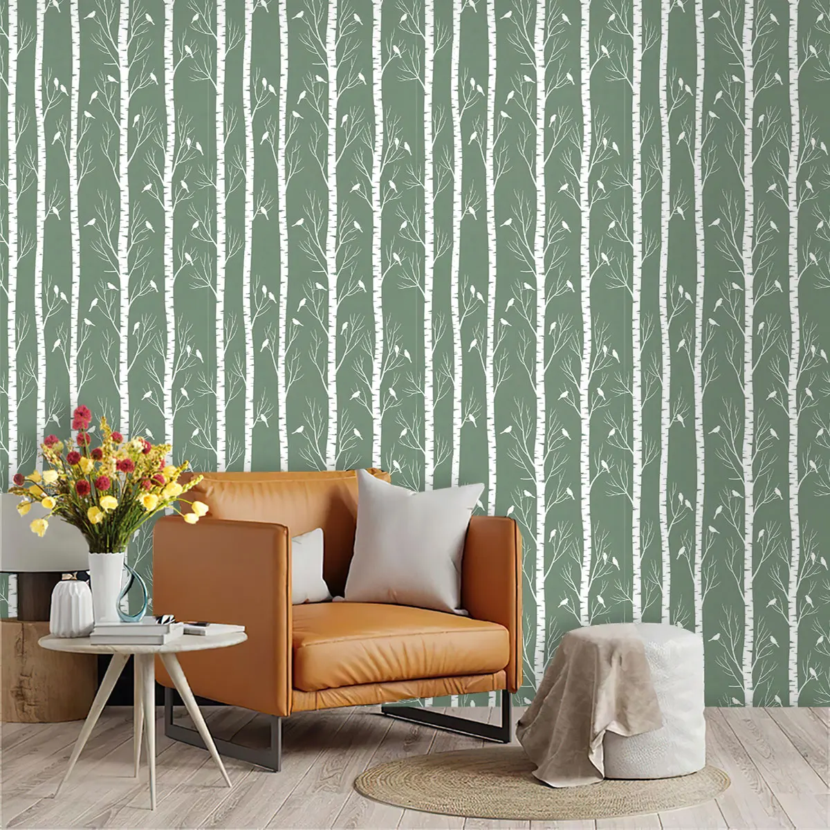 1 Roll Green Birch Tree Printed Circular Wallpaper with Multiple Sizes Living Room Bedroom Walls Cabinets Fashionable Decoration