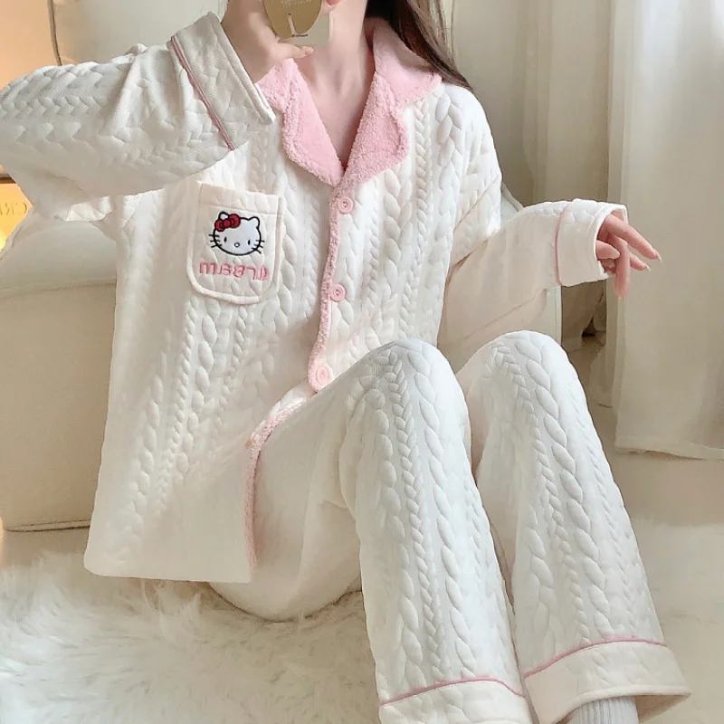 Sanrio Hello Kitty Winter New Air Cotton Pajamas Women\'s Cartoon Warm Sandwich Padded Cotton Cute Comfortable Loungewear