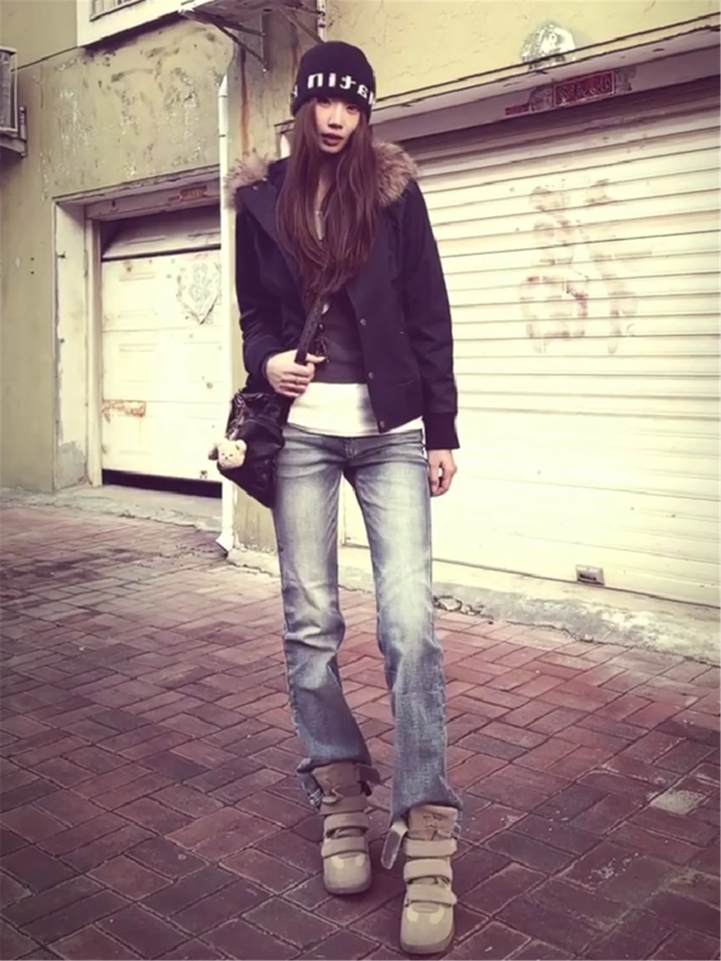 

Retro American Street Style High Waist Extended Slim Fit Jeans Women's Autumn Winter Straight Leg Pants Tapered Lengthened