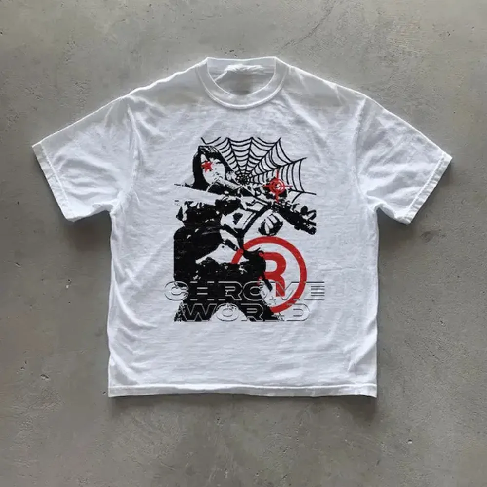 Y2k Chrome World T-Shirt, Vintage Graphic Tees Gothic Grunge Y2k Emo Scene Amity Affliction Style Clothes Men Women Streetwear