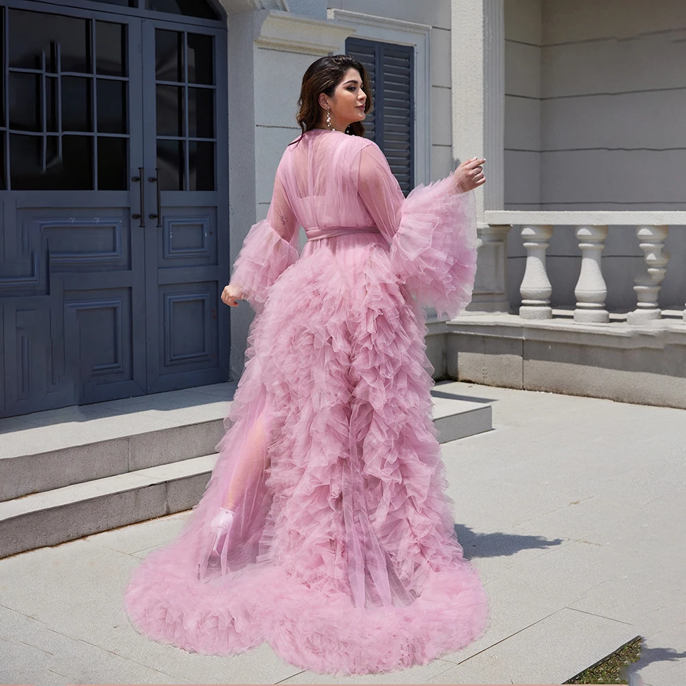 Illusion Tulle Pregnant Dresses V Neck Long Sleeve Photography Pregnancy Robes Sexy Ruffles Women Bathrobe Maternity Party Gowns