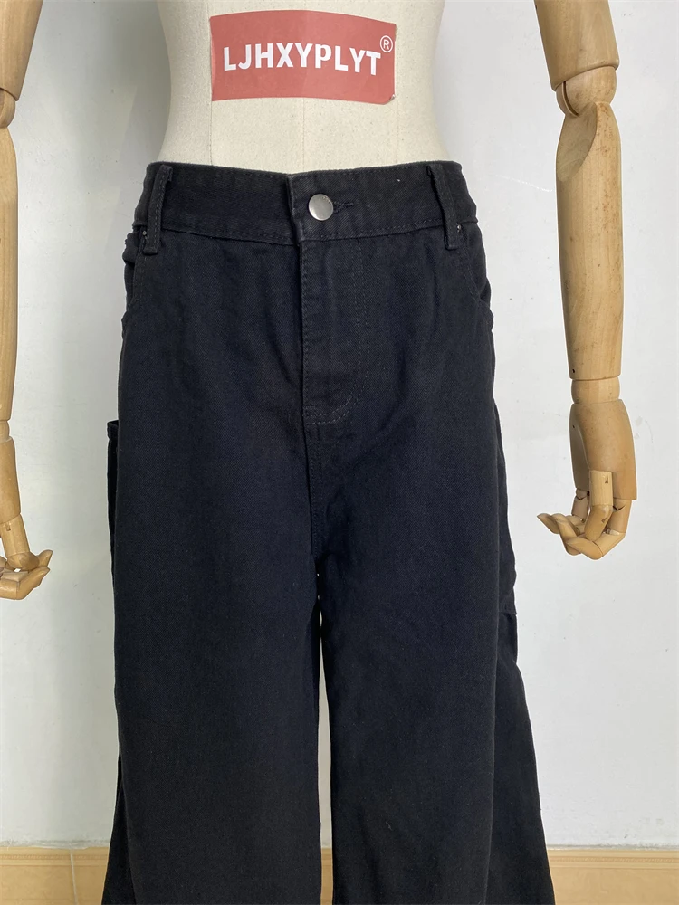 Damskie luźne spodnie jeansowe z szerokimi nogawkami, dużymi kieszeniami, czarne, w stylu cool girl, z wysokim stanem, streetwearowe, modne, damskie, codzienne jeansy.