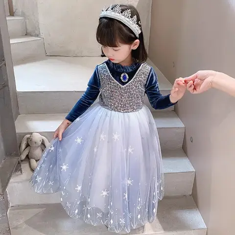 Flickors vårklänning 2025 ny sammet Elsa Frost prinsessklänning barn blå kappa 2-delat set varma klänningar för flickor fest 3-9 år 10 best sales barnklänningar för flickor 8 9 år - №7