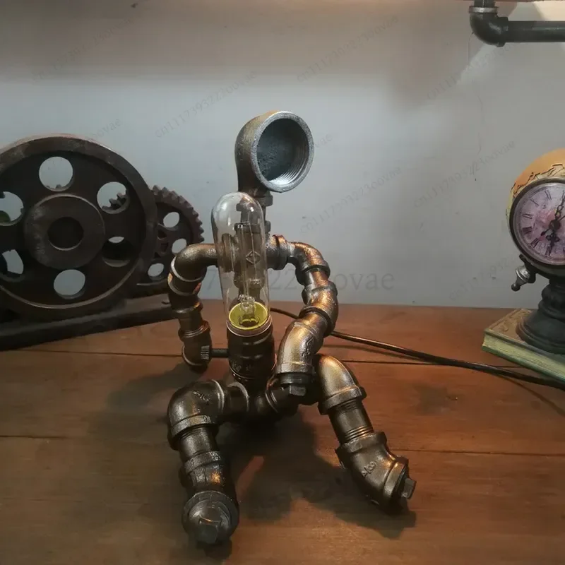 Creative Industrial Retro Iron Pipe Robot Desk Lamp for Coffee Bar Office Desktop Decorative Lighting Fixture