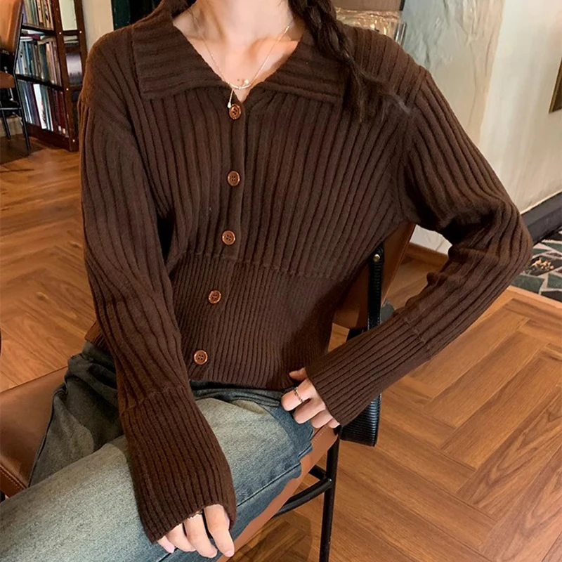 Brown Ribbed Knit Polo-Neck Button Down Sweater Cardigan for Women Teen-girl Fall Winter Cozy Knitwear Vintage Outfit