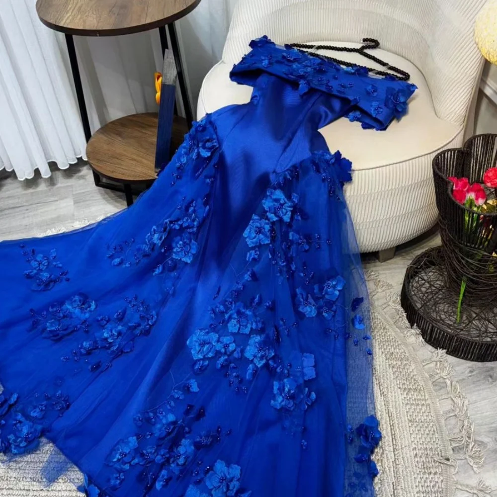 Cathy personalizar azul 3D flores fuera del hombro vestidos de fiesta satén A-line vestidos de novia hasta el suelo vestidos de noche 2024