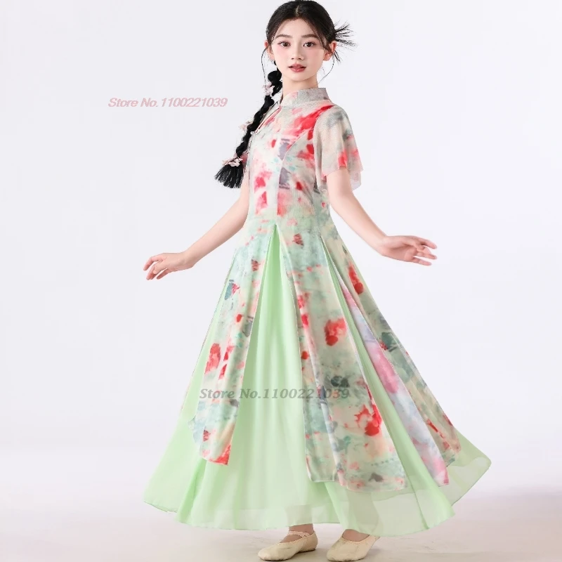 2025 chinese vintage children dance costume flower print mesh qipao dress+pants traditional children stage performance cheongsam