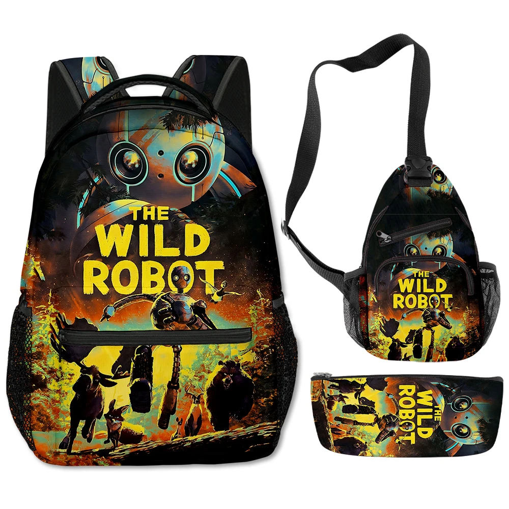 Trendy Popular Funny The Wild Robot 3D Print 3pcs/Set School Bags multifunction Travel Backpack Chest Bag Pencil Case