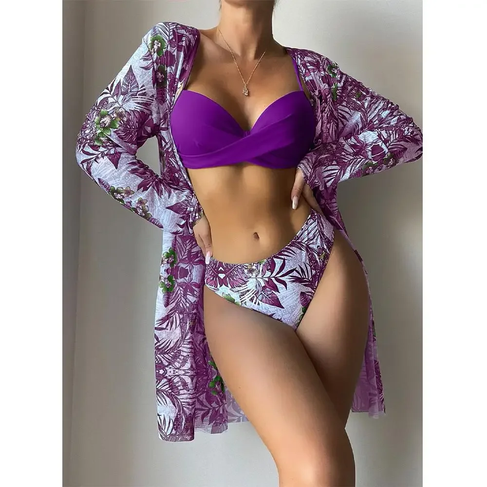 Three Pieces Bikini Set Cover Up Women 2023 New Push Up Twist Swimsuit Print Long Sleeve Swimwear Biquini Bathing Suit Summer