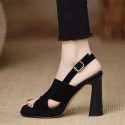 2024 Summer New One-button Sandals, Thick Open Toe Sexy Black Professional 9cm High Heels, Temperament Female Sandals