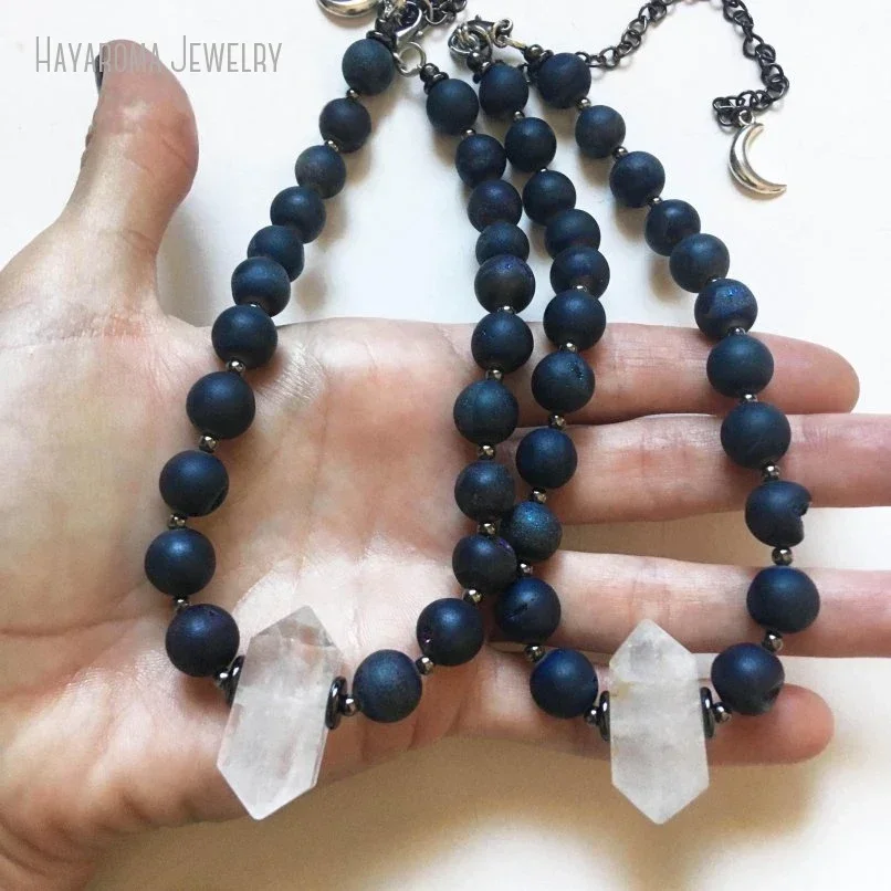 10Pcs Tiki Aura Druzy Agate Bead Quartz Choker Chunk Crystal Gemstone Necklace Witch Wicca Boho Mermaid Collares Arcane Jewelry