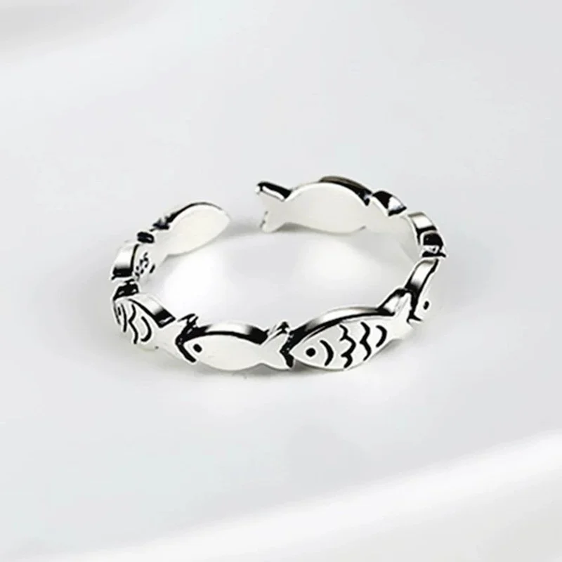 Uini-Tail hot new 925 Tibetan silver retro fashion small fish open ring fashion trend creative exquisite art high quality ring