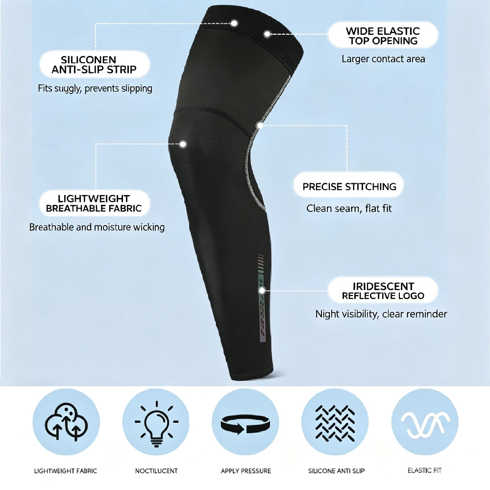 1Pair Men Women Full Length Leg Compression Sleeves -Breathable Reflective Leg Guards with Anti-Slip Silicone -Women Men Sports