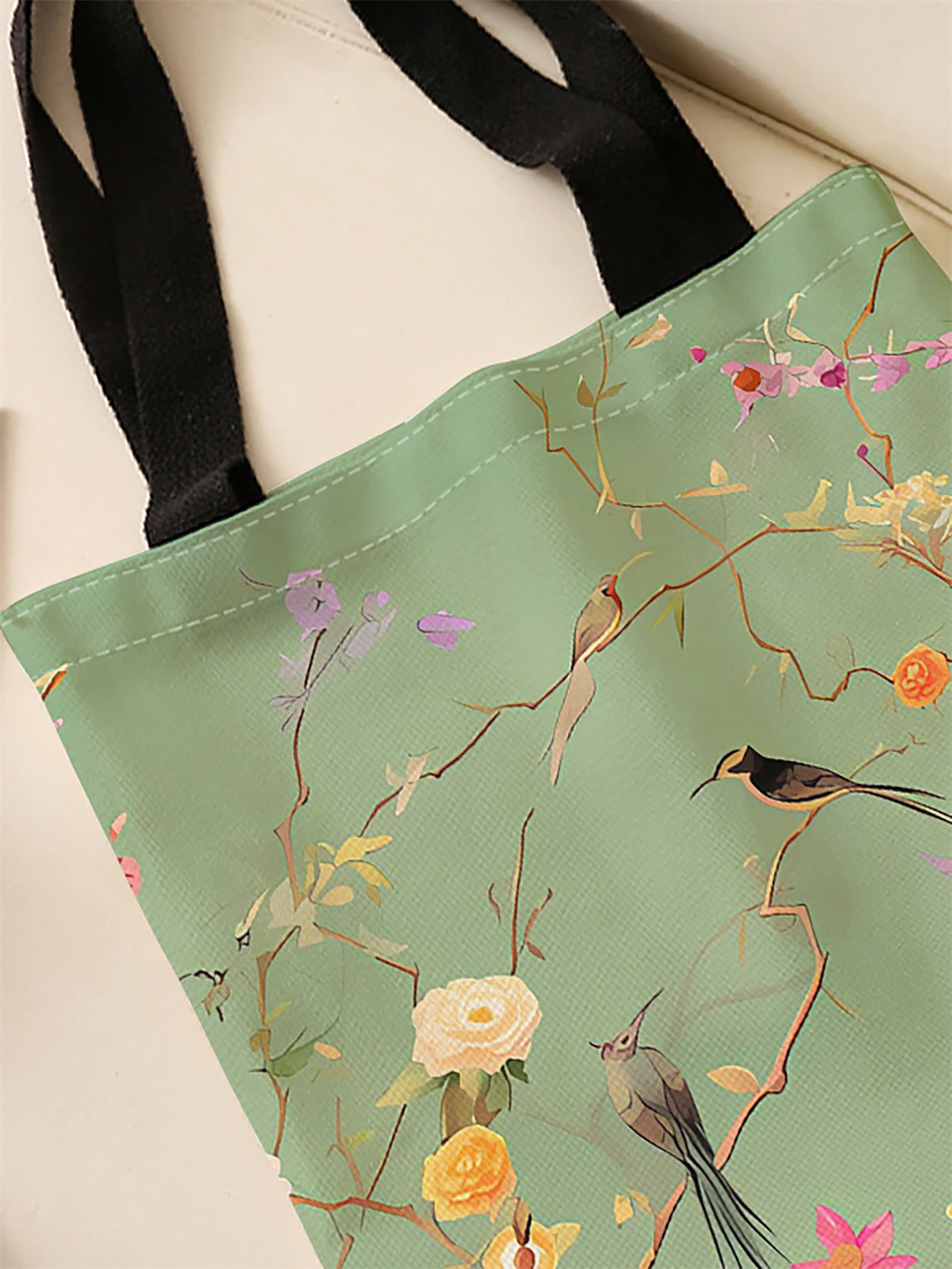 Blumen- und Vogelmuster Bedruckte Casual-Handtasche, Wiederverwendbarer Modischer Rucksack, Multifunktionale Handtasche, Canvas-Einkaufstasche – Detail 4