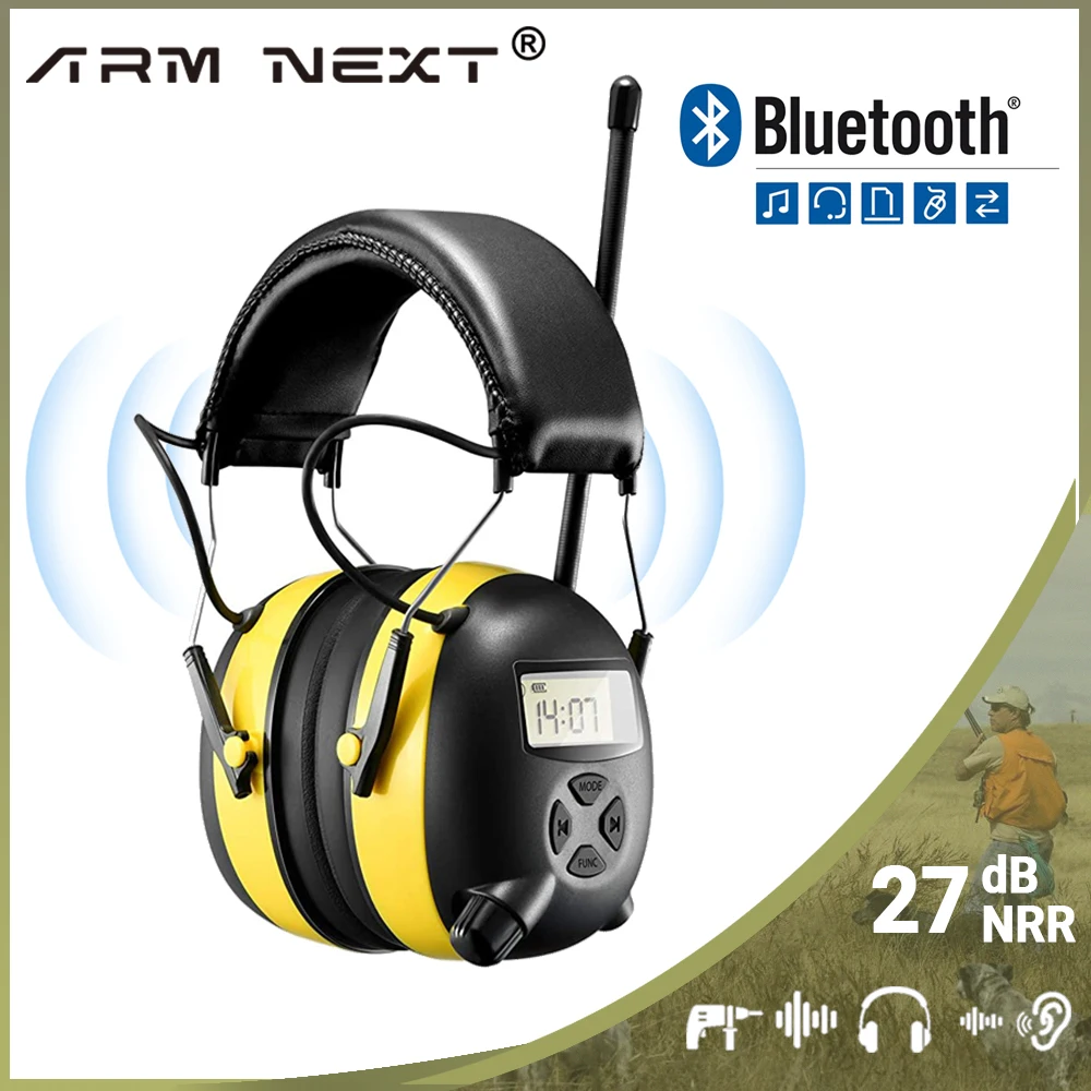 ARM‑NEXT R6 Safety Hearing Protection Earmuffs NRR30dB SNR33dB Bluetooth5.4 AM/FM Radio LCD Display 3.5mm AUX Port Headphones fo