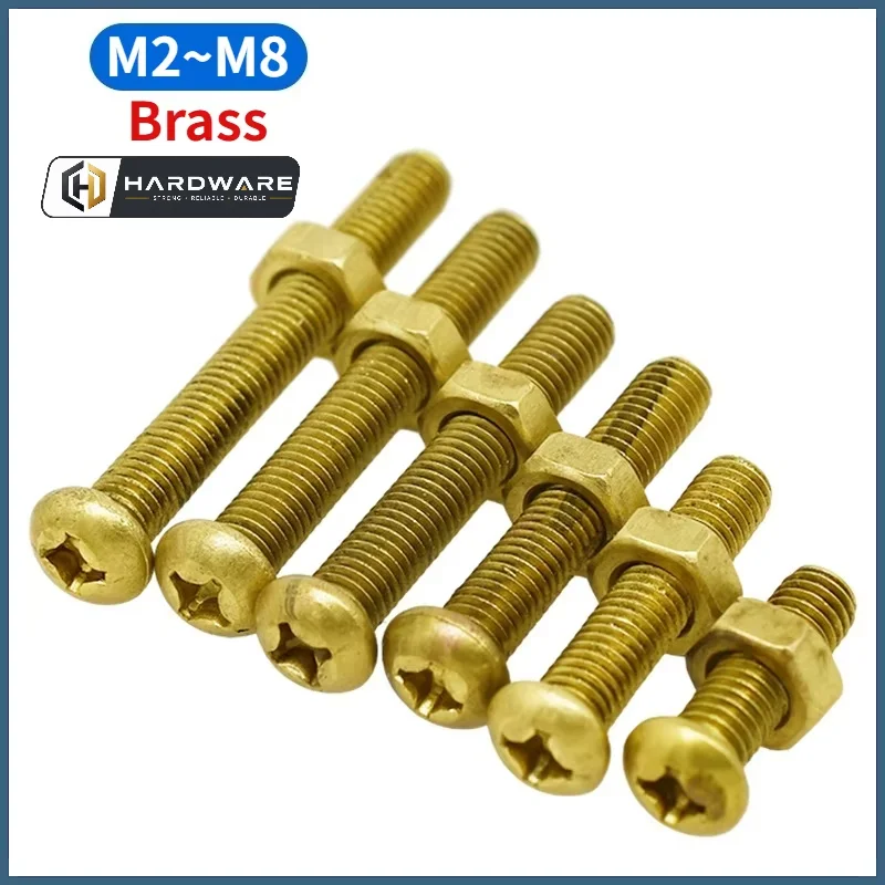 Brass Pan Phillips Machine Screws Round Bolts With Hexagon Full Nuts Combination Set M2 M2.5 M3 M4 M5 M6 M8
