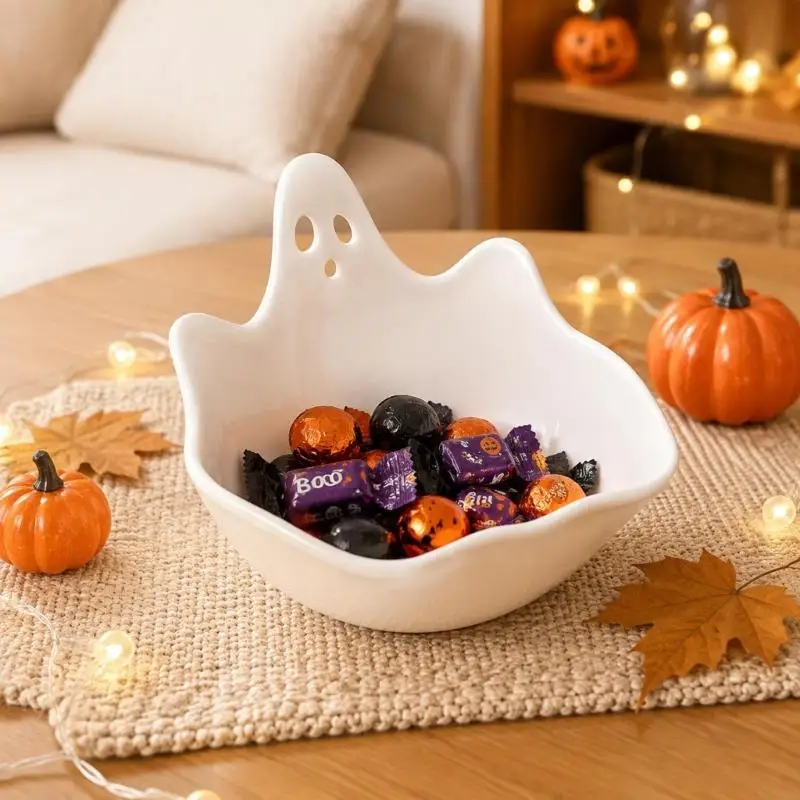 Halloween Candy Bowl, 3D Printed White Spirit Design with Face Cutouts for Candy, Small Snacks, Table Centerpieces Storage, J0MC