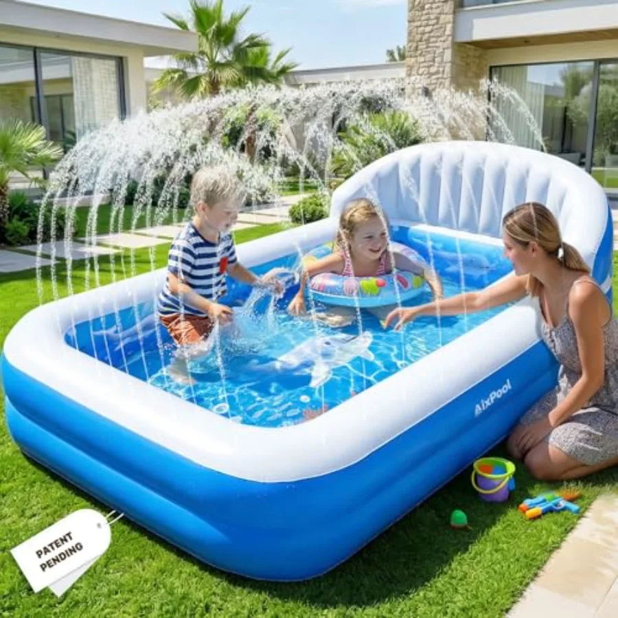 2026 Inflatable Pool with Sprinkler for Backyard Use, PVC Material, Blue, Durable Construction with Extra-Large Backrest and St