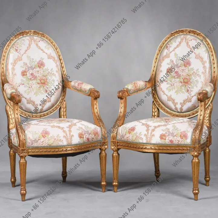 Zc Französischer Goldener Massivholz-Sofa-Sessel mit Schnitzereien, Europäischer Luxus-Esszimmerstuhl für Villen, Jacquard-Stoff-Freizeitstuhl