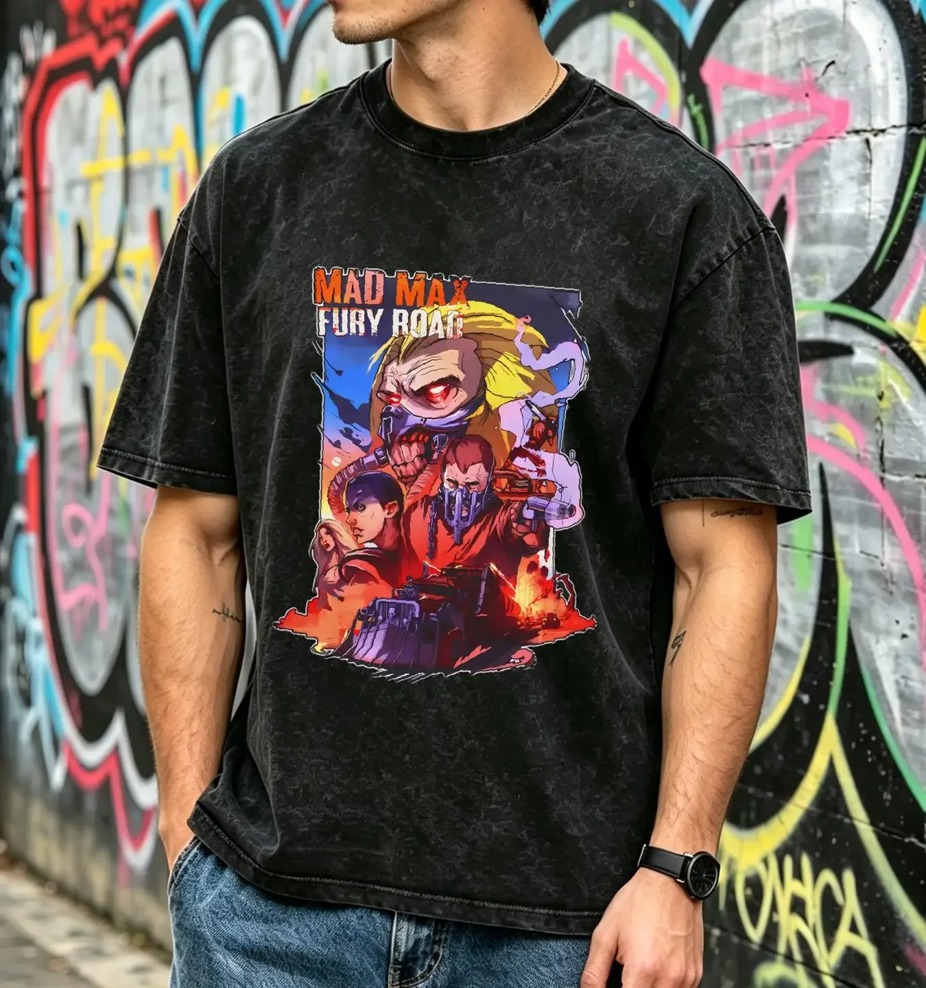 washed T Shirt Mad Max Fury Road movie Popular Action Adventure Sci Fi with Tom Hardy Charlize Theron Nicholas Hoult GenXT4Me