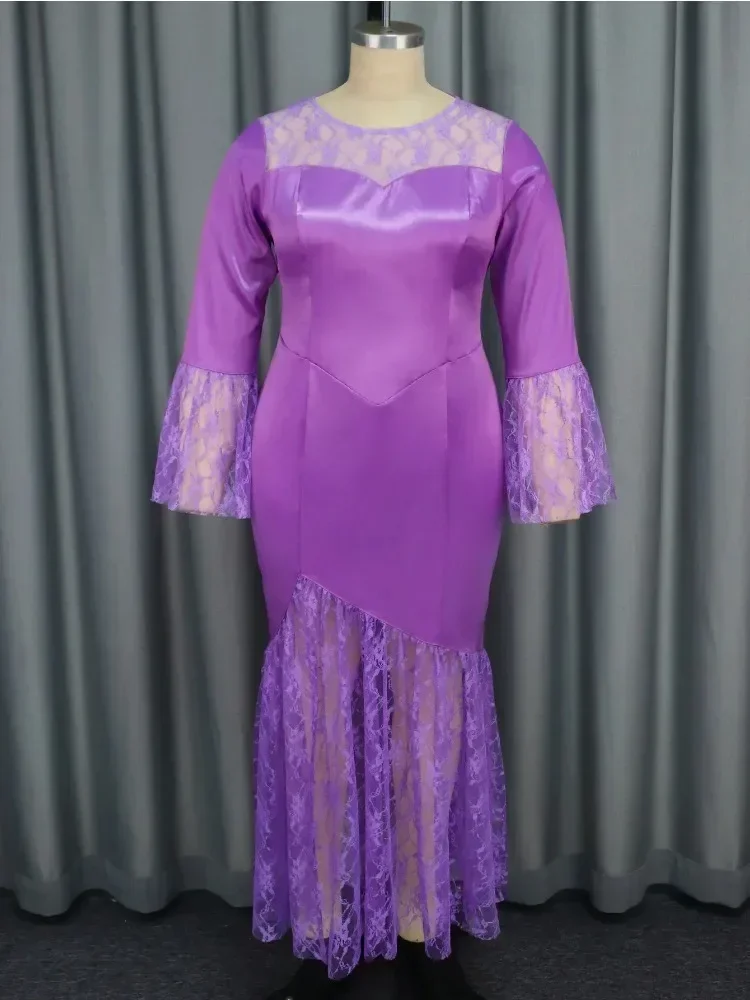 Abito slim fit pieghettato elegante girocollo in pizzo Abito lungo da festa in discoteca con patchwork in raso viola opaco autunno/inverno