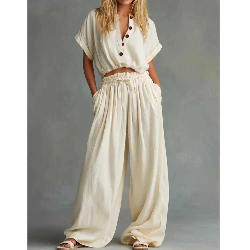 

Single-breasted Short-sleeved Top Trousers Two-piece Suit Women's Fashion Lace-up Waist Casual Solid Color Wide-leg Pants Suit