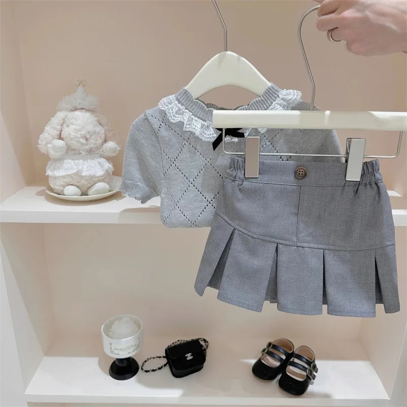 Girls Two Piece 2024 Summer Set Bow Knot Short Sleeved Pleated Short Skirt Casual Simple Fashion Loose Sweet  Korean Active cute